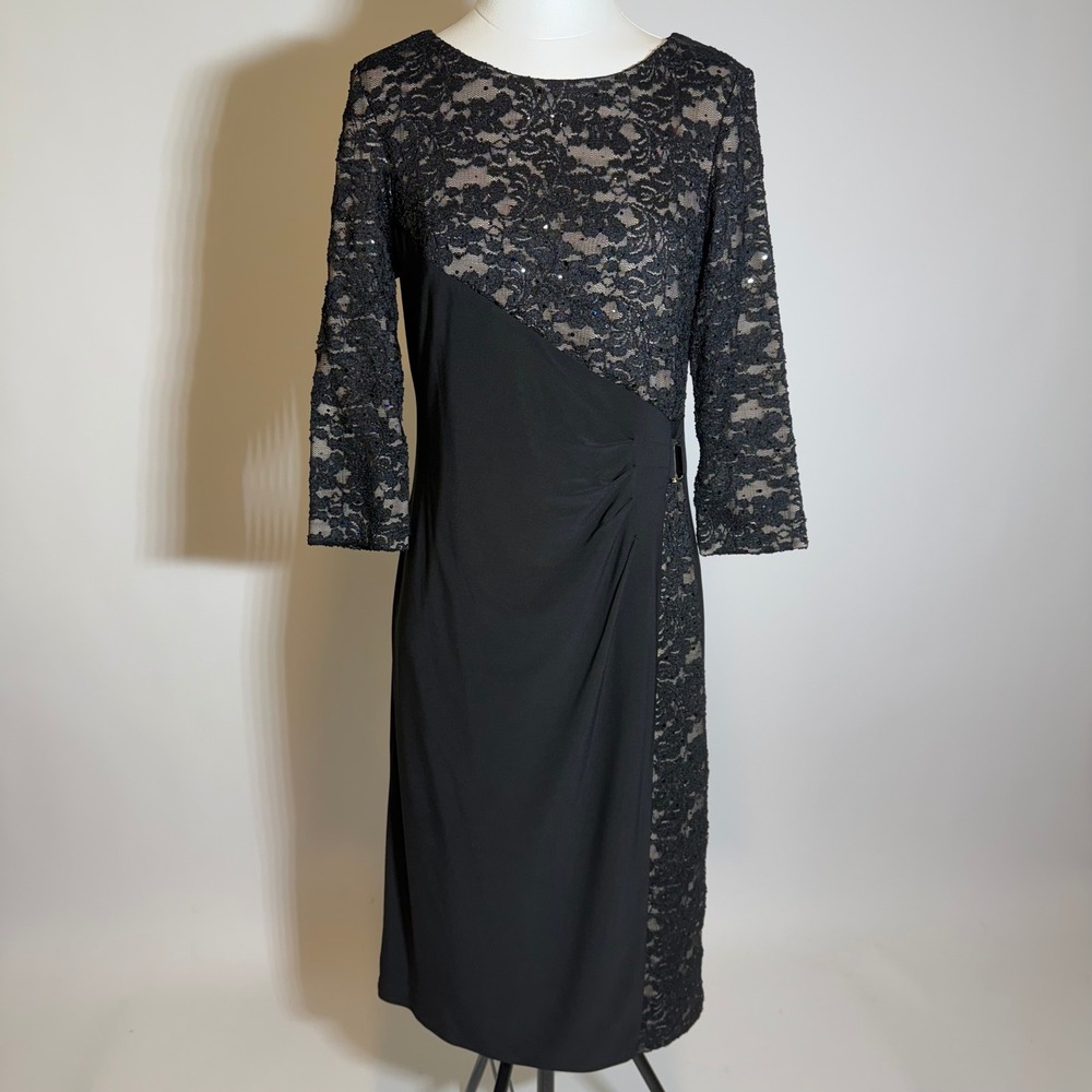 R&M Black Lace Sequin Sheath Dress 3/4 Sleeve Cocktail Party Evening Size 10